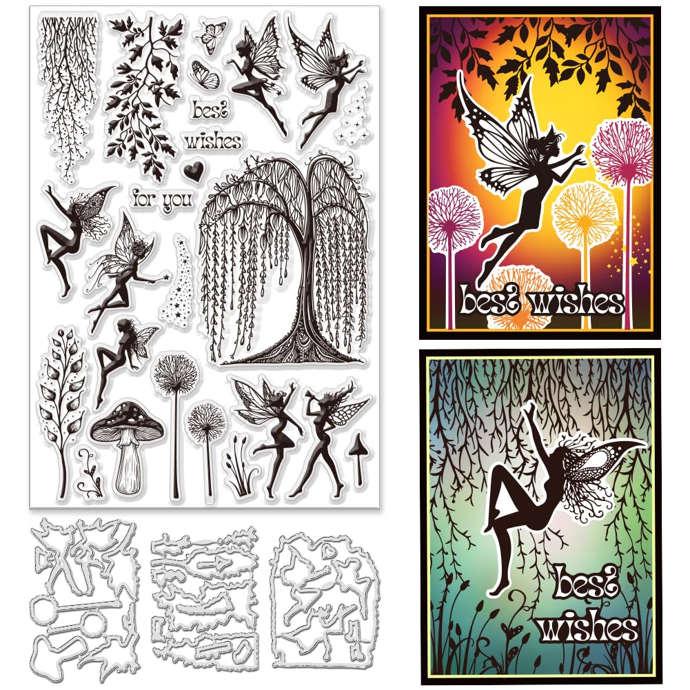 INFUNLY Fairies Clear Stamps and Dies for Card Making Mushroom Die Cuts Trees Silicone Stamps Butterflies Cutting Dies Dandelion Stamp Best Wishes Magic Stamp for DIY Crafts Scrapbooking Album Decor
