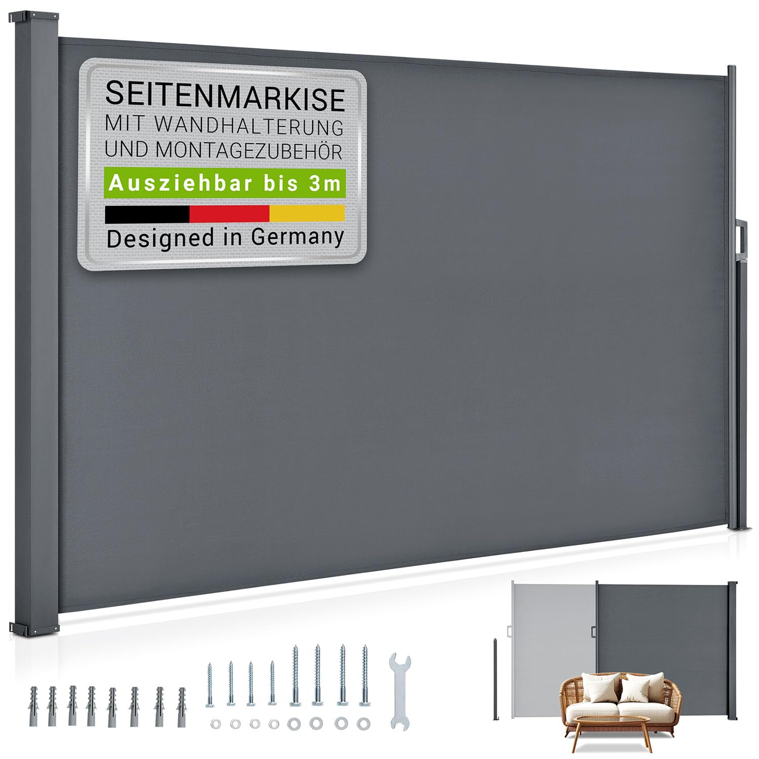 Juskys® Seitenmarkise Dubai 180 x 300 cm ausziehbar Blickdicht, Sichtschutz für Balkon & Terrasse, Seitenrollo mit Wandhalterung - grau