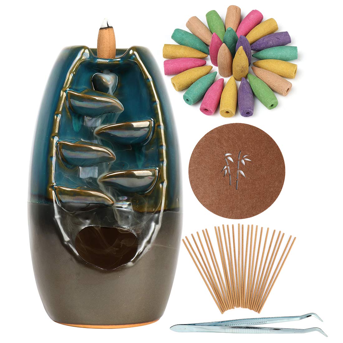 Blue Waterfall Backflow Incense Burner, Home Ceramic Incense Holder with 120pcs Cone + 30 Sticks