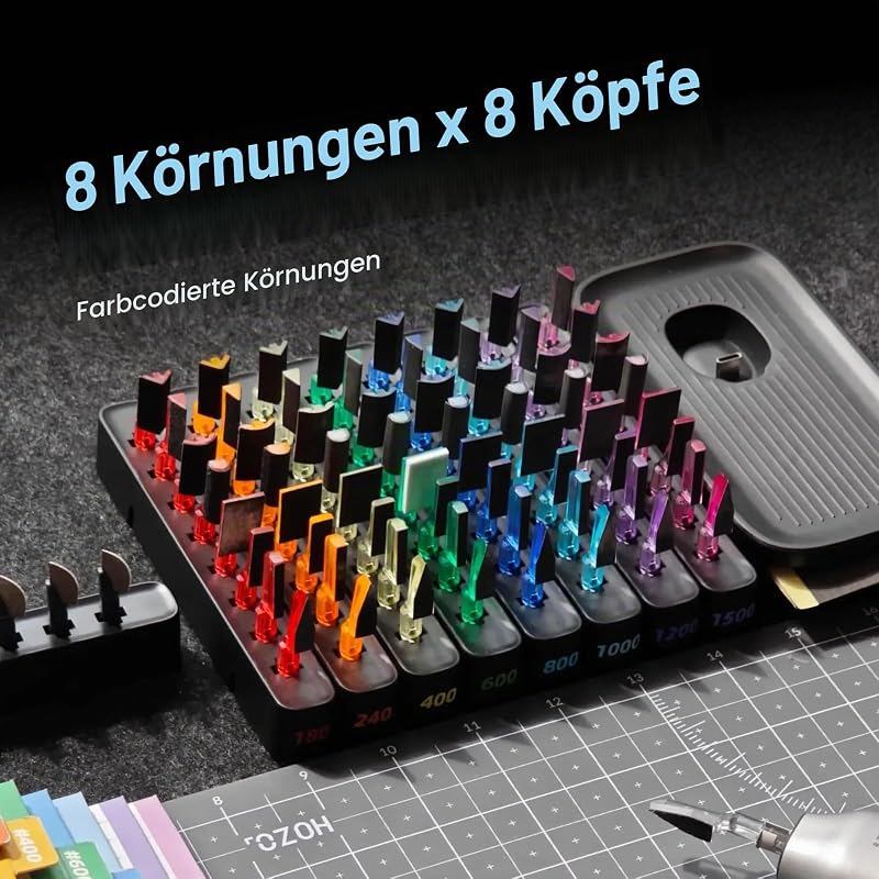 NeoSander Premium Combo – Mini-Detaillierschleifer mit 64 farbcodierten Schleifköpfen, Ladestation und Schleifpapier-Set, Geschenkidee für 3D-Druck, Modellbau, Basteln und Heimwerkerprojekte