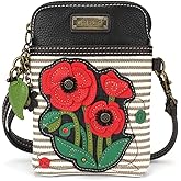 CHALA Plant Life Collection Cell Phone Crossbody Purse-Women PU Leather/Canvas Multicolor Handbag with Adjustable Strap - Red Poppy - gray stripe