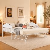 IDEALHOUSE Twin Daybed with Trundle, Foldable Pop Up Metal Twin Bed Frame | Heavy Duty Steel Slats Support, Stylish Headboard, 6 Lockable Casters, for Bedroom, Living Room, Kids Room and Guest Room