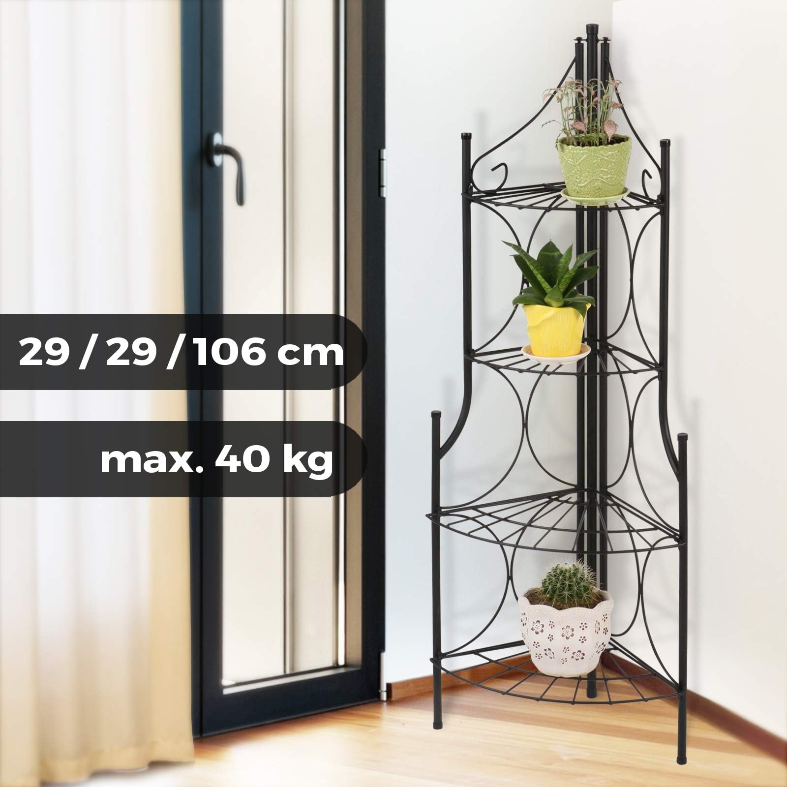Tier Flower Stand - Black, Metal, 4 Tiers, for Corner, 106cm - Garden Flower Display, Plant Stand, Rack, Shelf, Holder
