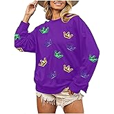MOUSYA Mardi Gras Sequin Crown Sweatshirt Woman Fat Tuesday Shirt Saints New Orleans Party Shirts Long Sleeve Casual Tops