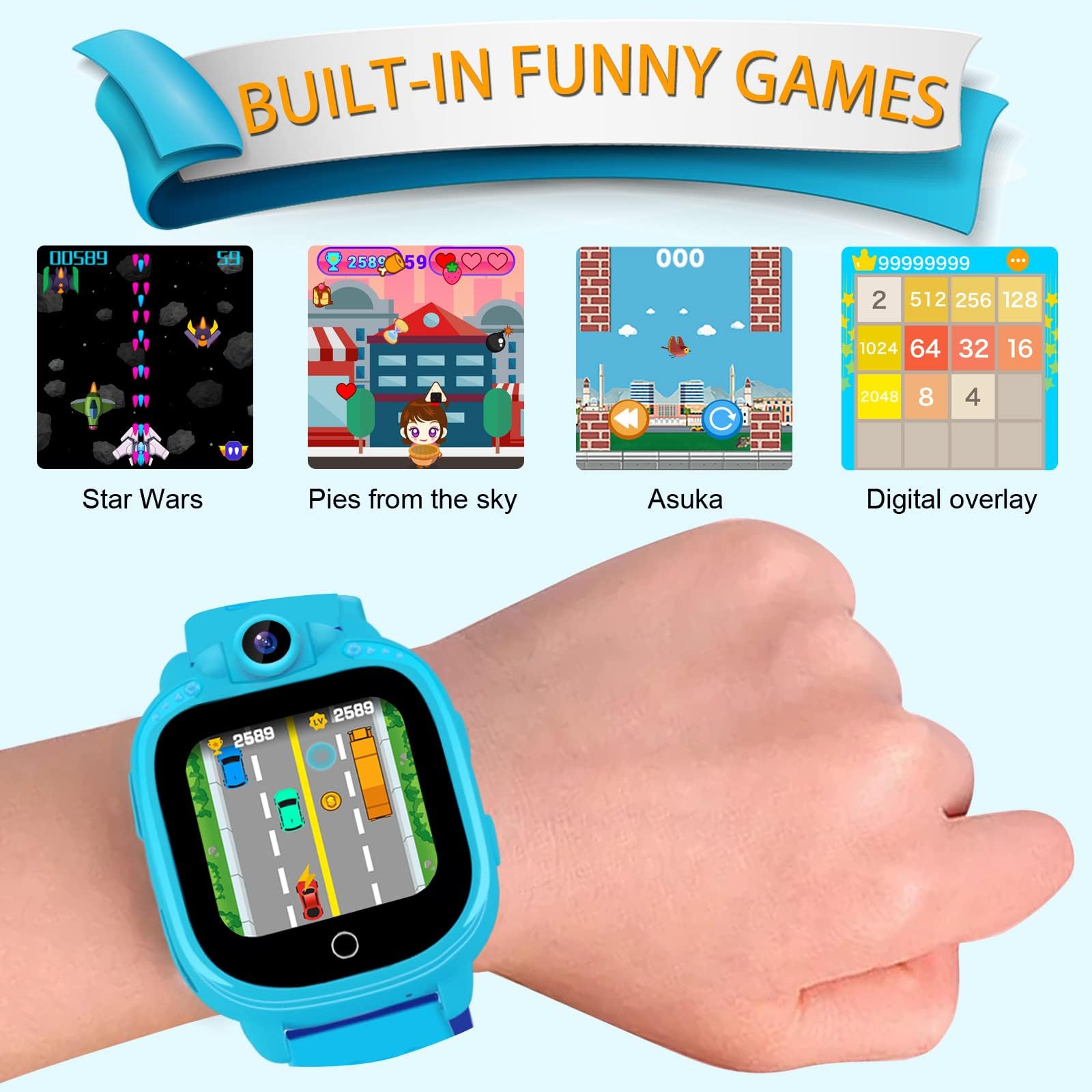 PROGRACE Kids Smart Watch Gifts for Boys - Kids Smartwatch 90°Rotatable Camera Touch Screen Music Pedometer Games Alarm Clock Digital Wrist Watch Toy for Boys Age 3-12 Years Old Blue