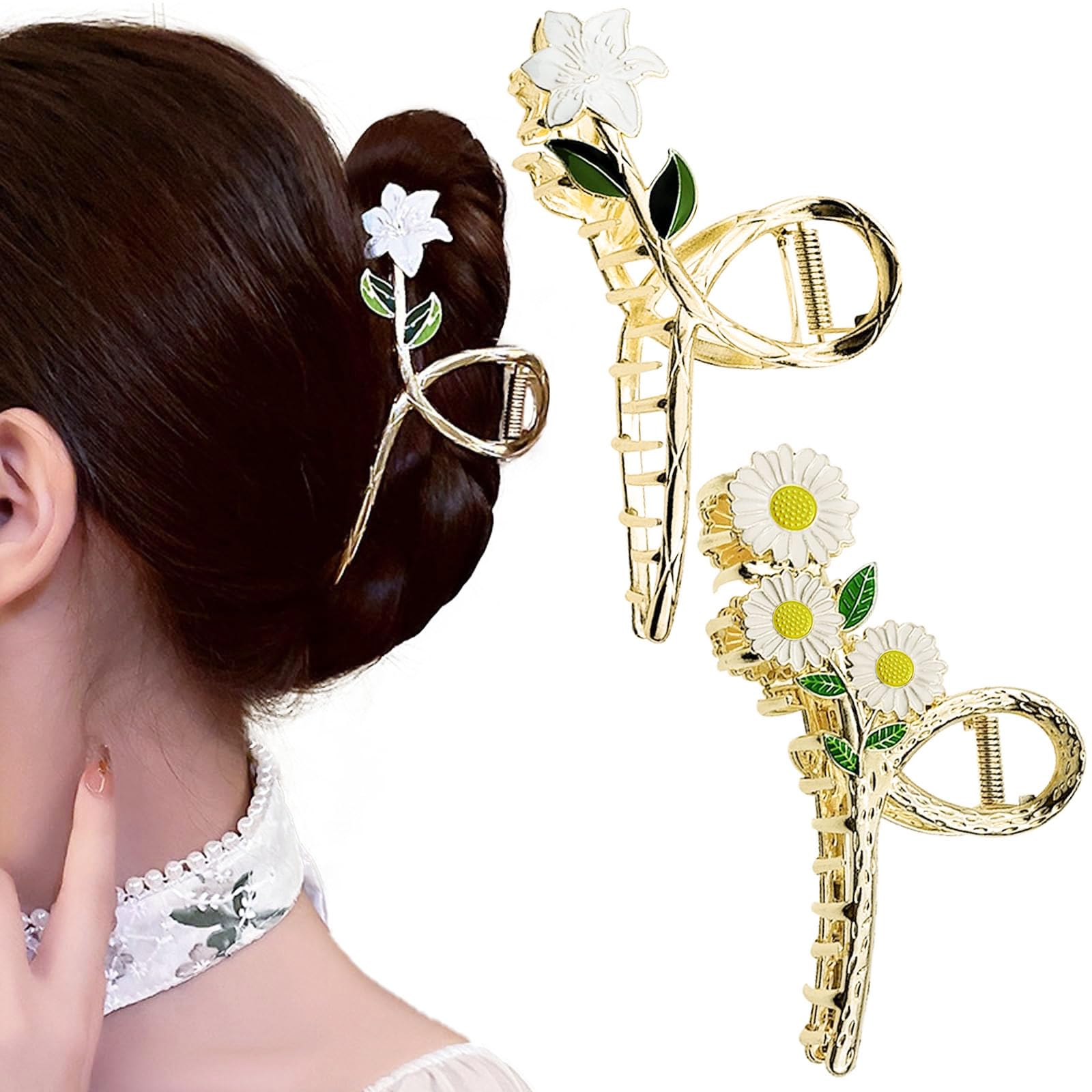 2 PCS Large Metal Hair Clips,Flower Hair Claw Clips Women, Hair Accessories Clips for Women Girls Thick Thin Hair, Curly & Wavy Volumes & Lengths