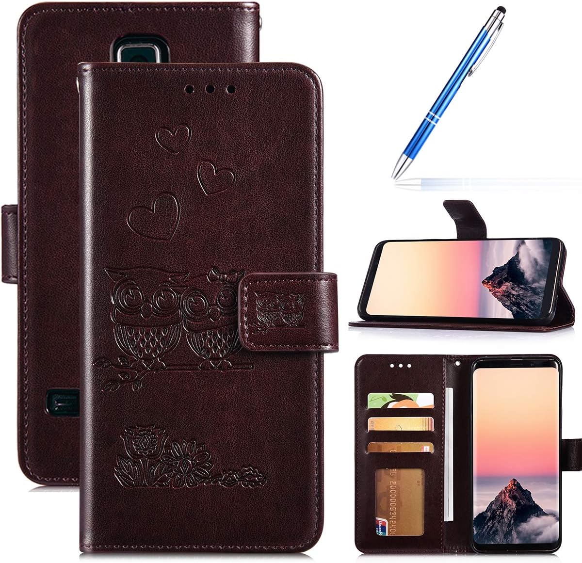 Robinsoni Case Compatible with Samsung Galaxy S5 Phone Case Wallet Galaxy S5 PU Leather Cover Shockproof Kickstand Case Flip Notebook Style Phone Cover Heavy Duty Case Hard Case Owl Printed Brown