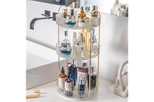 INVSSENE 360° Rotating Makeup Organizer, Bathroom Make Up Spinning Holder Rack, Large Capacity Cosmetics Storage Vanity Shelf Countertop, Fits Cosmetics, Perfume, Skincare, Lipsticks(3 Tiers, Clear)