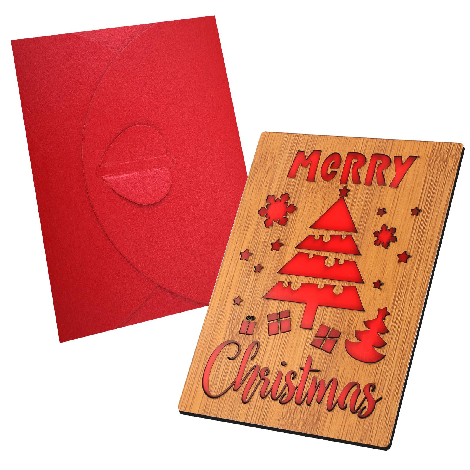 Wooden Christmas Card, 5.9x4.33 Inch Merry Christmas Greeting Cards with Envelope Xmas Tree Snowflake Pattern Wood Holiday Xmas Card Gifts for Husband Wife Parents Family Friends
