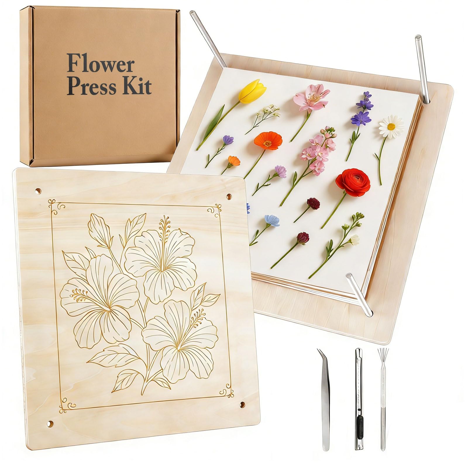 Bafutayawa Flower Press Kit, Embroidery Set for Adults & Craft Kit for Adults, Large Wooden Flower Press Set for DIY Art, Scrapbooking & Creative Projects for Adults