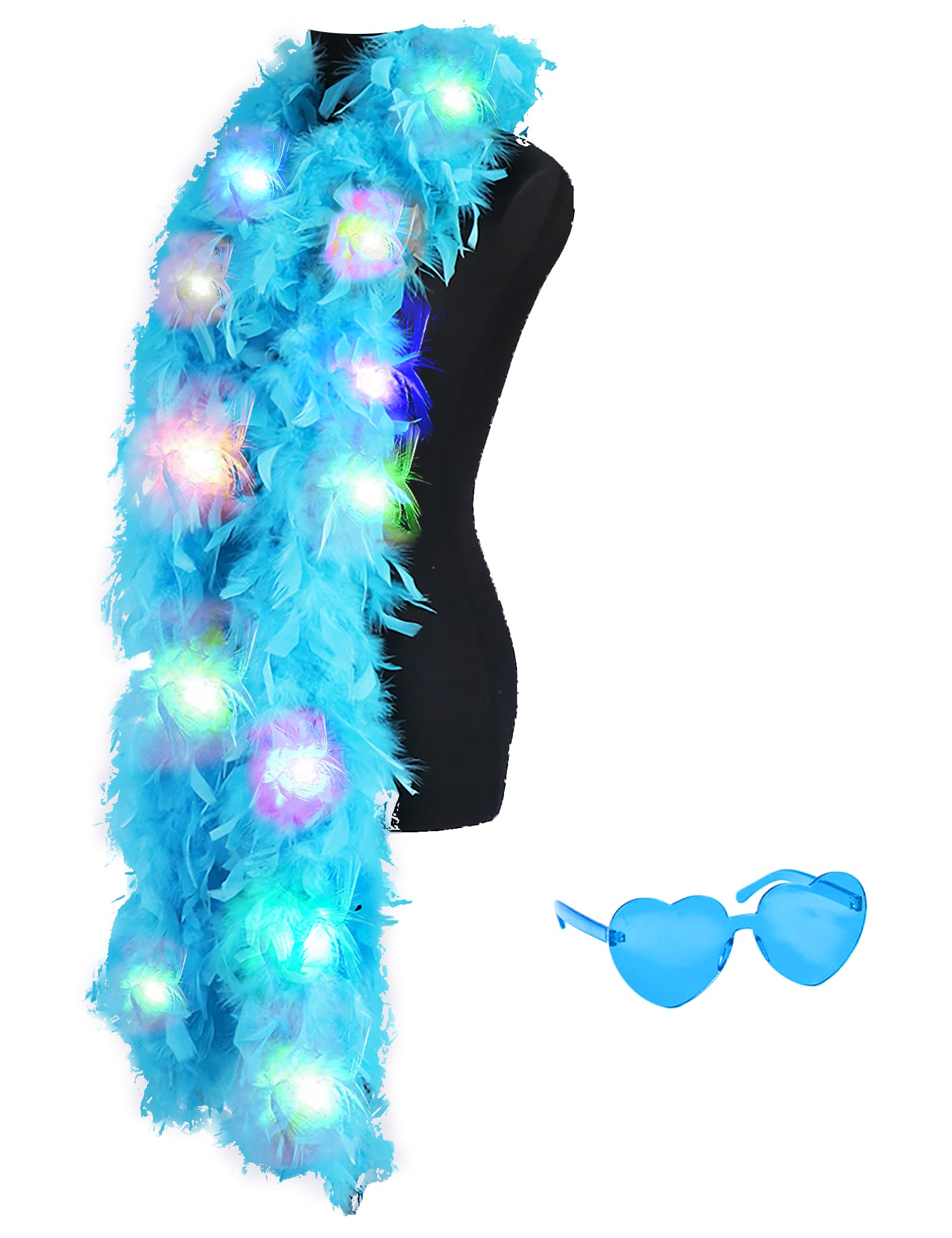 JIANGLAI Colorful Feather Boas, 6.6ft Boa with 20 Color LED Lights for Women for Dancing Wedding Party Halloween, with Heart Sunglasses (Blue)