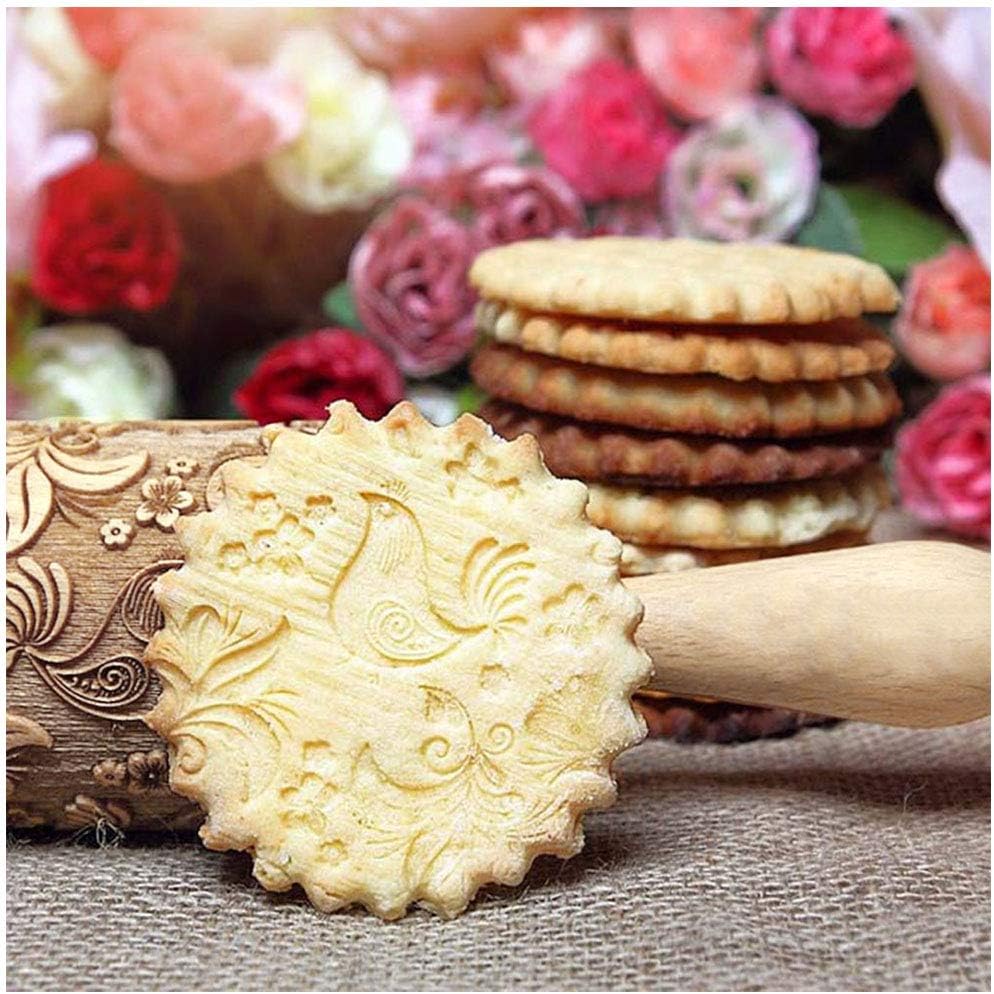 Natural Wood Rolling Pin,Christmas Wooden Engraved Embossing Rolling Pin Embossed Kitchen Tool (38 CM Chicken)