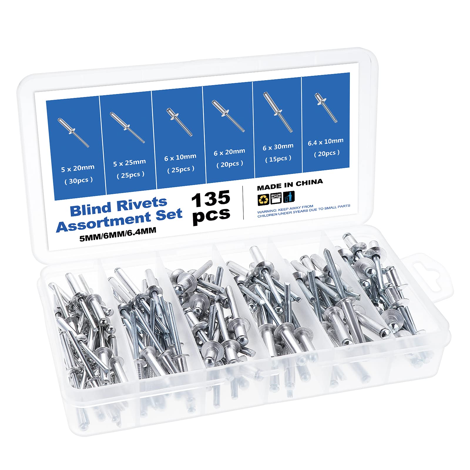 Gueenky 135Pcs Pop Rivets Assortment, 5/6/6.4 mm Blind Rivets Aluminum Pop Rivets Large Flange, 6 Sizes Dome Head Pop Rivets for Metal Wood Plastic