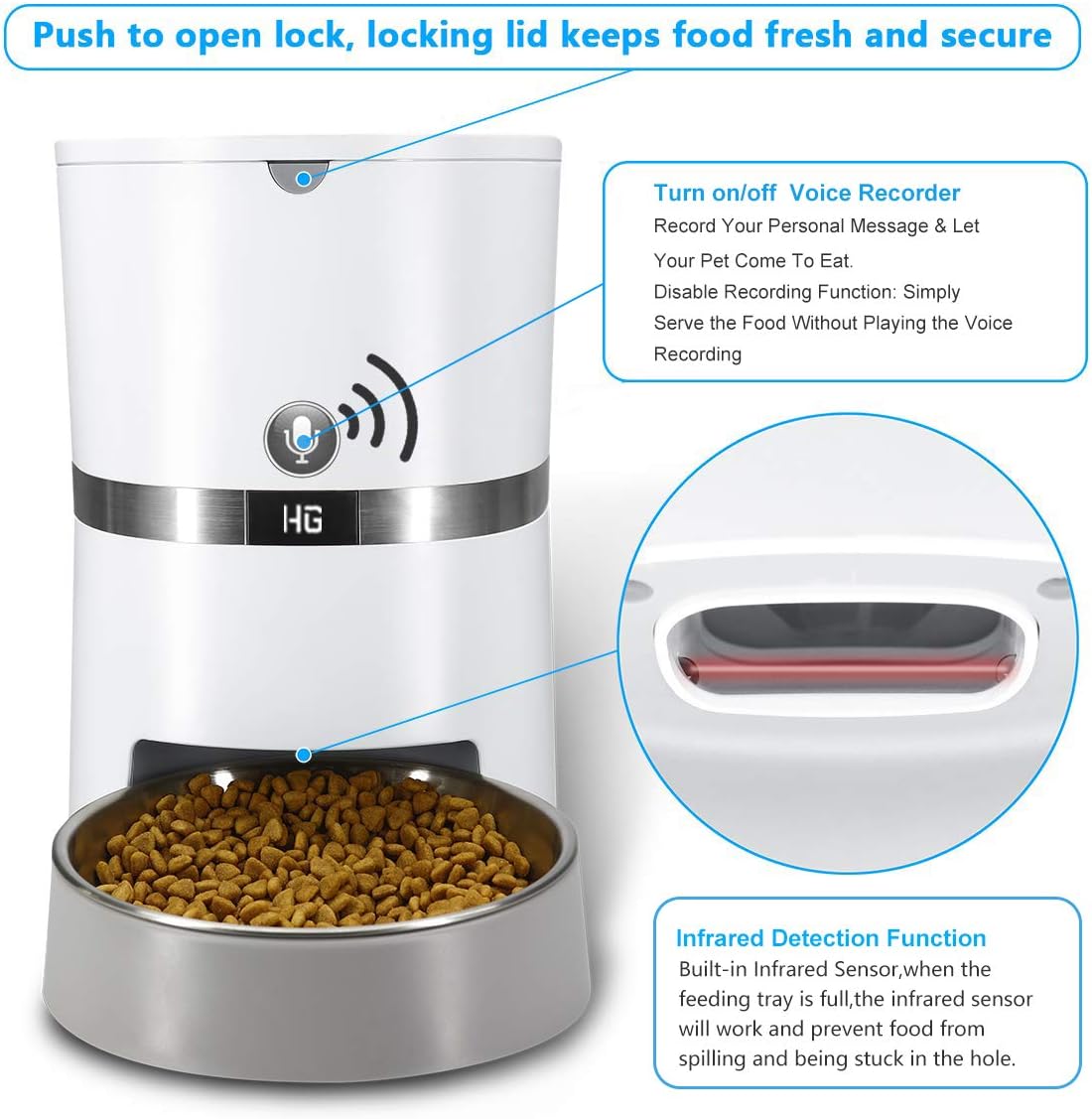 Pet Supplies : HoneyGuaridan Automatic Pet Feeder, Dogs, Cats, Rabbit & Small Animals Food Dispenser with Stainless Steel Pet Food Bowl, Portion Control and Voice Recording - Batteries and Power Adapter Support : 