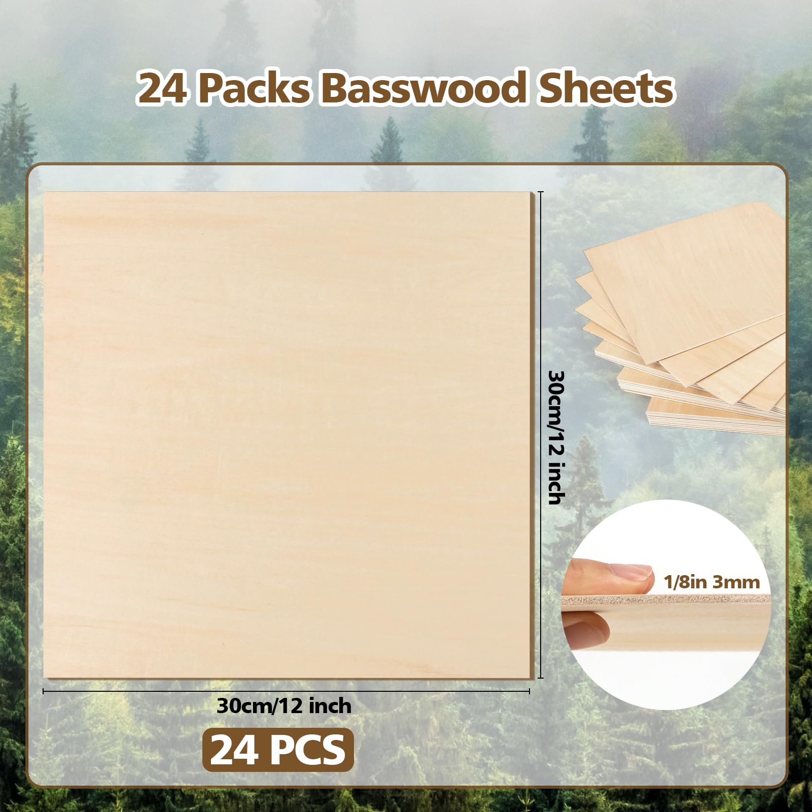 Adrattnay Basswood Sheets 3mm - 1/8 x 12 x 12 inch, 24pcs Square Laser Basswood Plywood for Laser Cutting & Engraving DIY Crafts, Wood Burning, Painting, Architectural Model Building