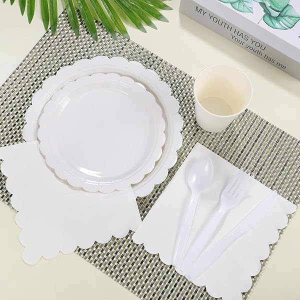 175 PC DISPOSABLE CHRISTMAS PLATES AND NAPKINS SET | IVORY PLATES GREEN TRIM | CHRISTMAS PLATES, HOLIDAY NAPKINS, SILVERWARE | CHRISTMAS DISPOSABLE DINNERWARE (25 GUESTS)