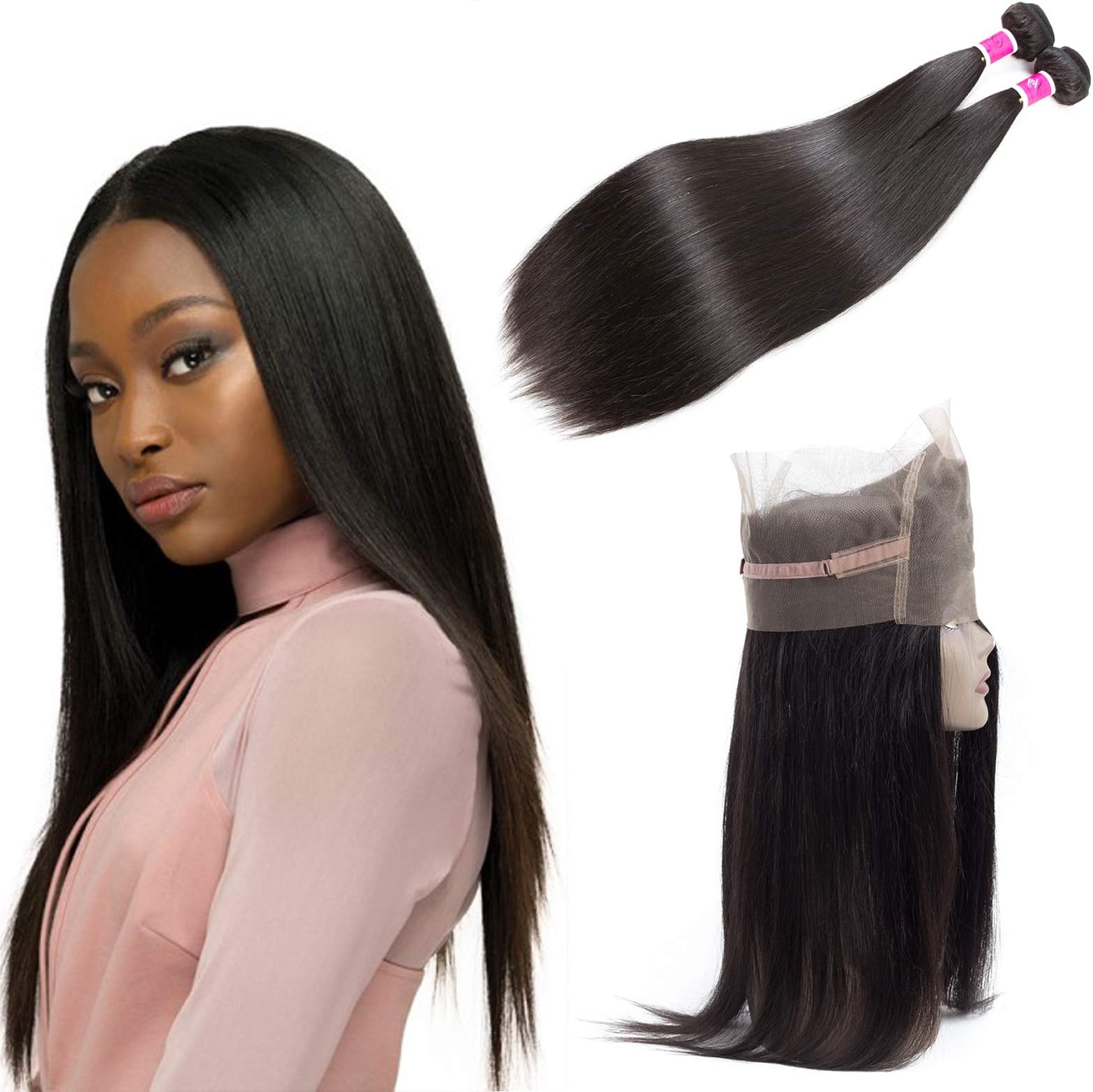 SKYDO 360 Lace Frontal Closure With Bundles Straight Unprocessed Brazilian Straight Hair 2 Bundles with 360 Lace Closure Human Hair Weave Bundles Natural Black (18 20 + 16)