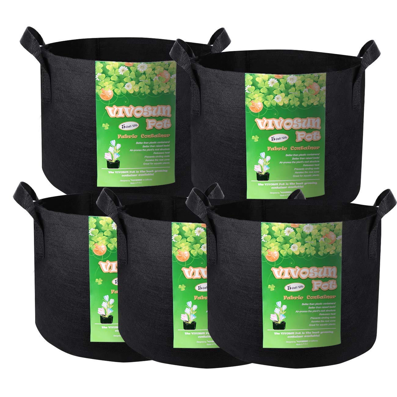 VIVOSUN 5Pack 5 Gallon Grow Bags Heavy Duty 300G Thickened Nonwoven