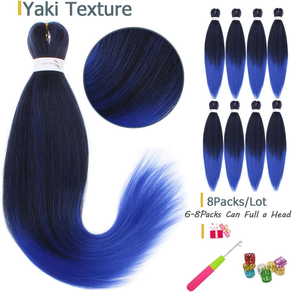 Leeven 8 Packs Ombre Blue Pre Stretched Braiding Hair Extension 26'' Yaki Texture Hot Water Setting EZ Braids Kanekalon Hair Fiber Ombre Braiding Crochet Hair Extensions /26 Inch 1BBLUE# - Image 3