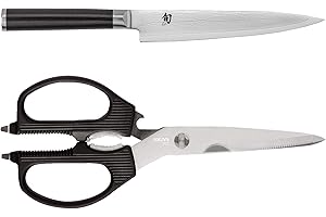 Shun Cutlery Classic Utility Knife 6" and Kai PRO Multi-Purpose Kitchen Shears Set, Handcrafted Japanese Kitchen Knives & She