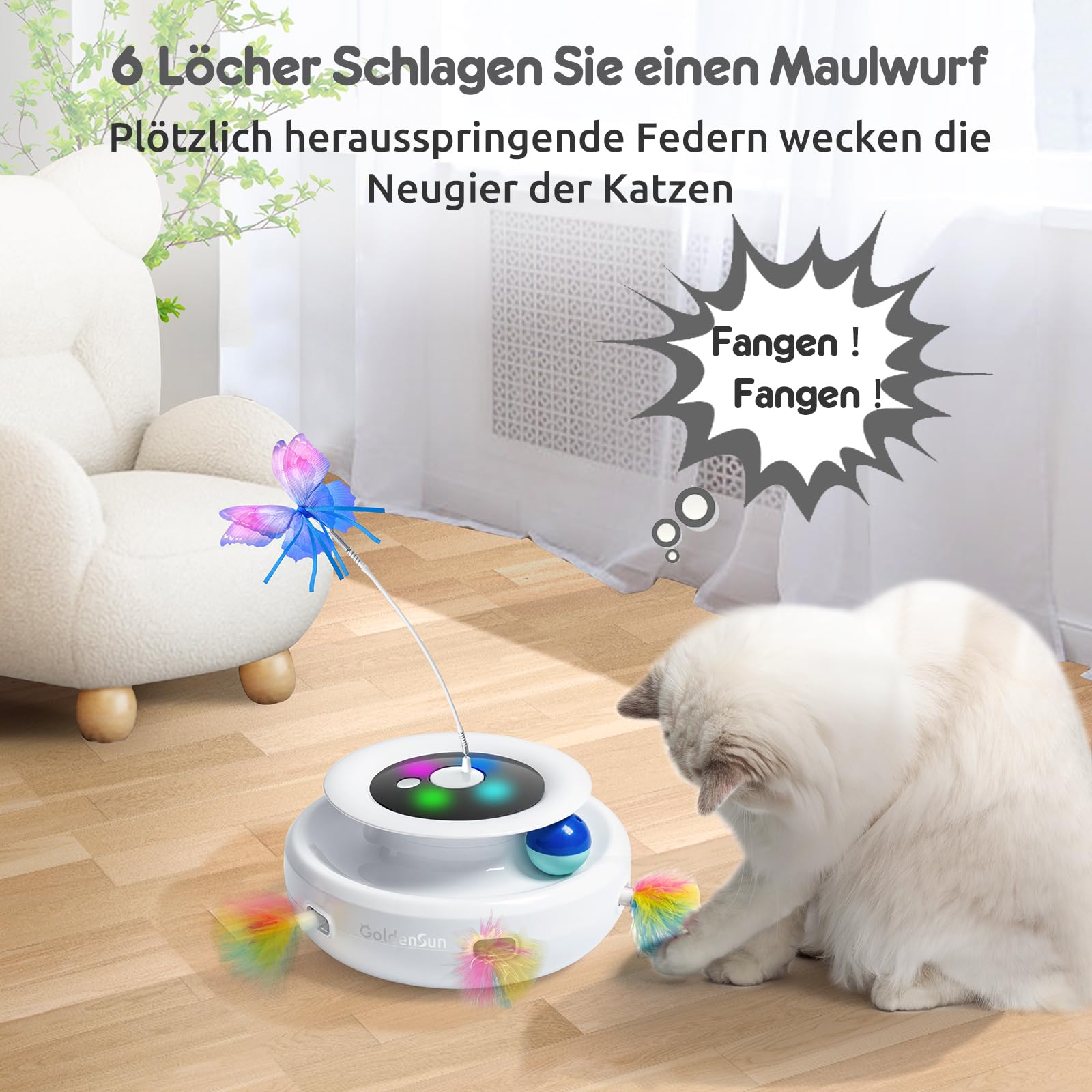 GoldenSun Katzenspielzeug, 3 in 1 Elektrisch Interaktives Automatischer Spielzeug für Katzen, Whack-A-Mole, Fluttering Butterfly, inklusive Ball, USB Wiederaufladbar Katzen Teaser mit 4 Aufsätzen 4