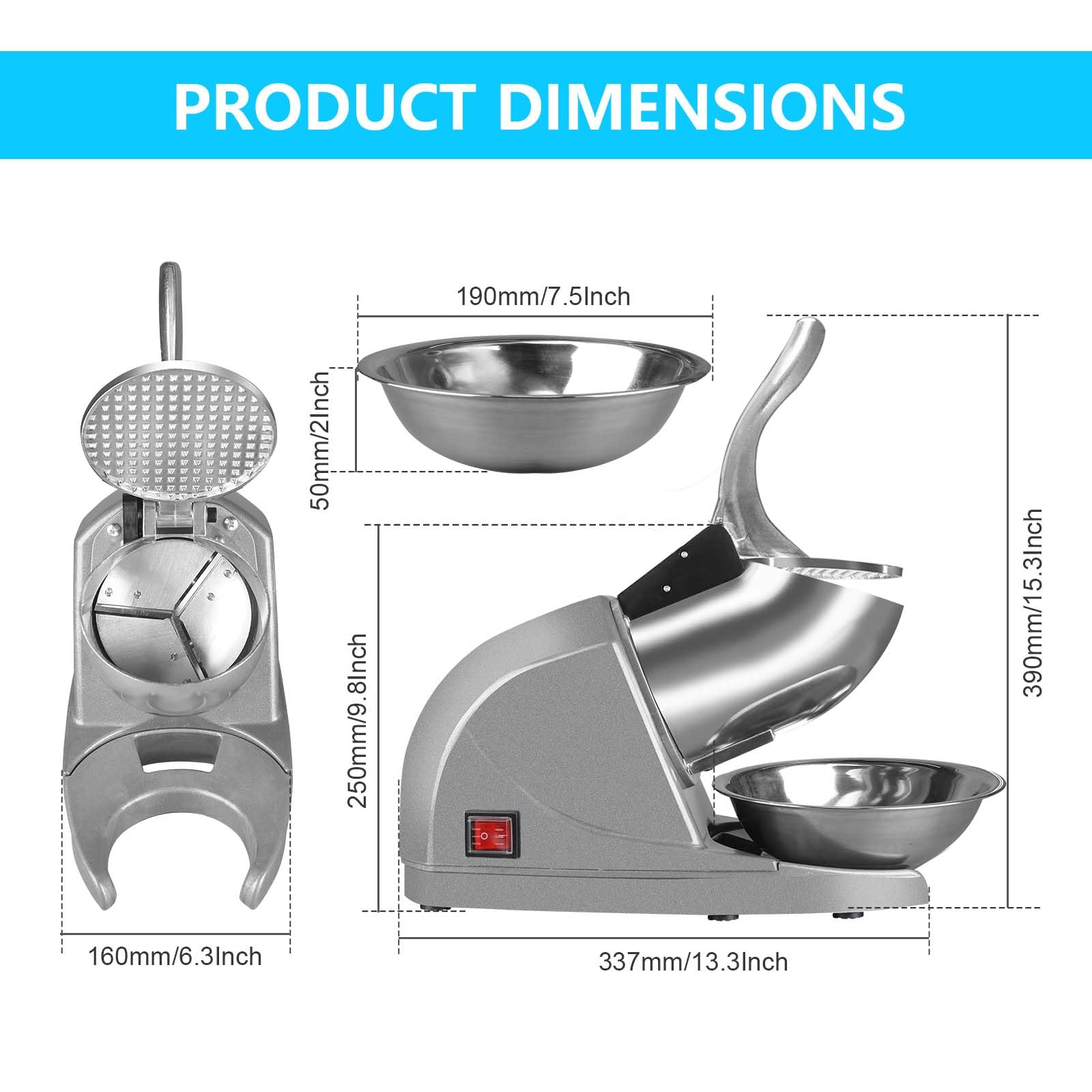 Shaved Ice Machine 380W Electric Ice Crusher Triple Blades Ice Crusher Shaver 286lbs/hr Snow Cone Machine 1500 RPM Stainless Steel Ice Shaver Ice Shaving Machine for Home and Commercial