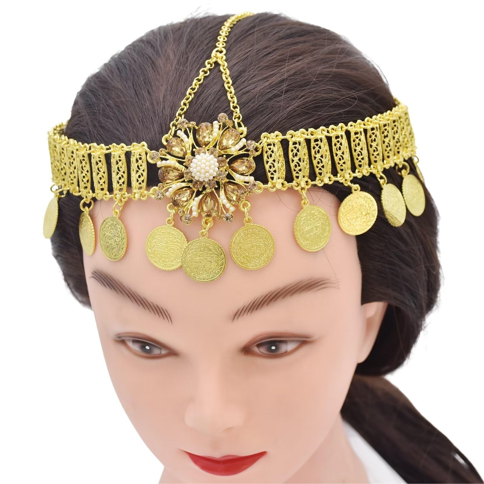 RUNRAYAY Boho Head Chain Jewelry Gold 1920s Retro Flower Rhinestone Headpiece with Coin, Vintage Belly Dance Prom Costume Hair Chains Accessories for Women Girls