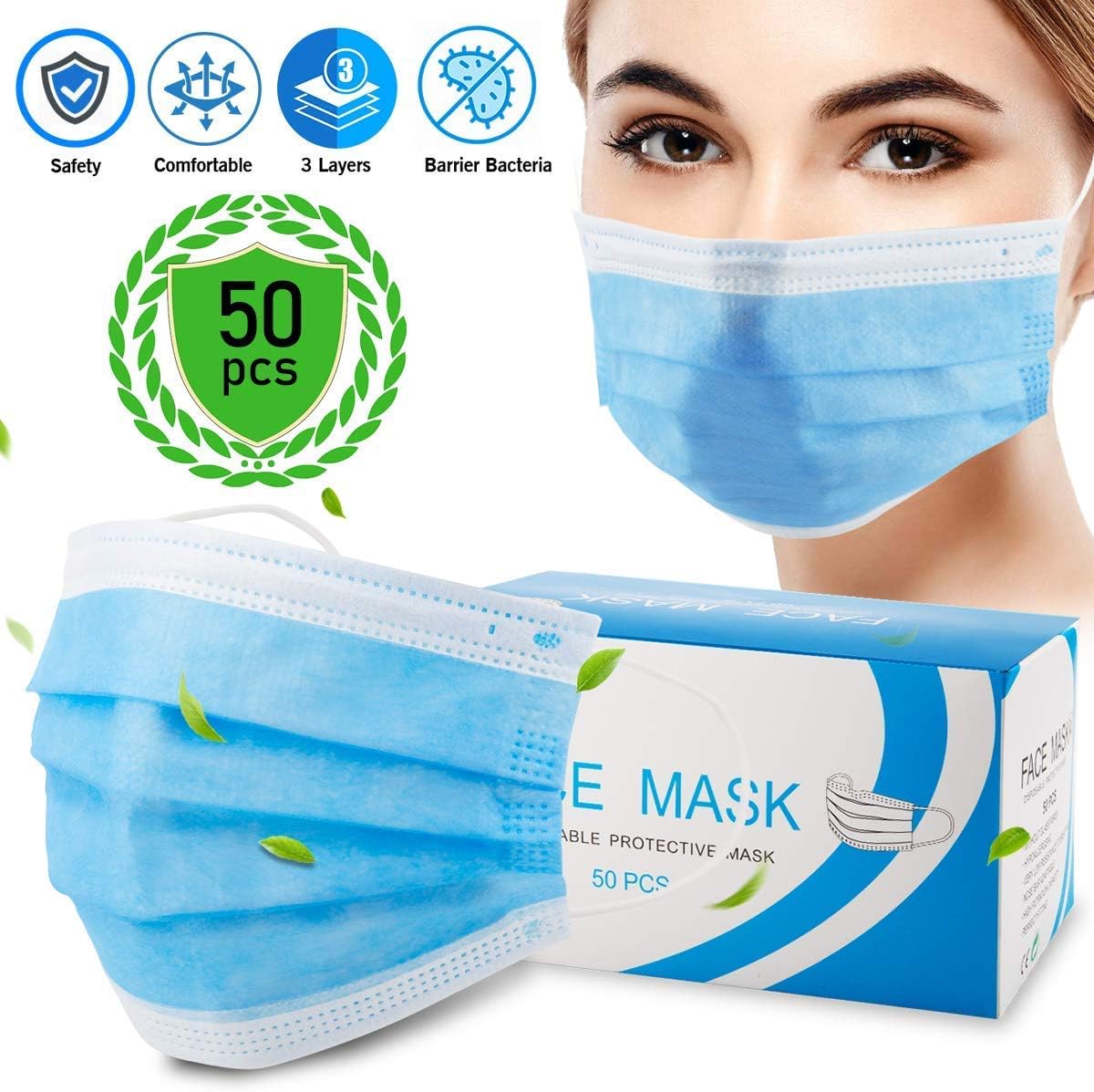 50PCS Disposable Face Mask 3-Layer Medical Mask, Anti Dust Comfortable Earloop Sanitary Masks for Men Women, Breathable Filter Safety Mouth Mask for Dust Protection Personal Health Home Office