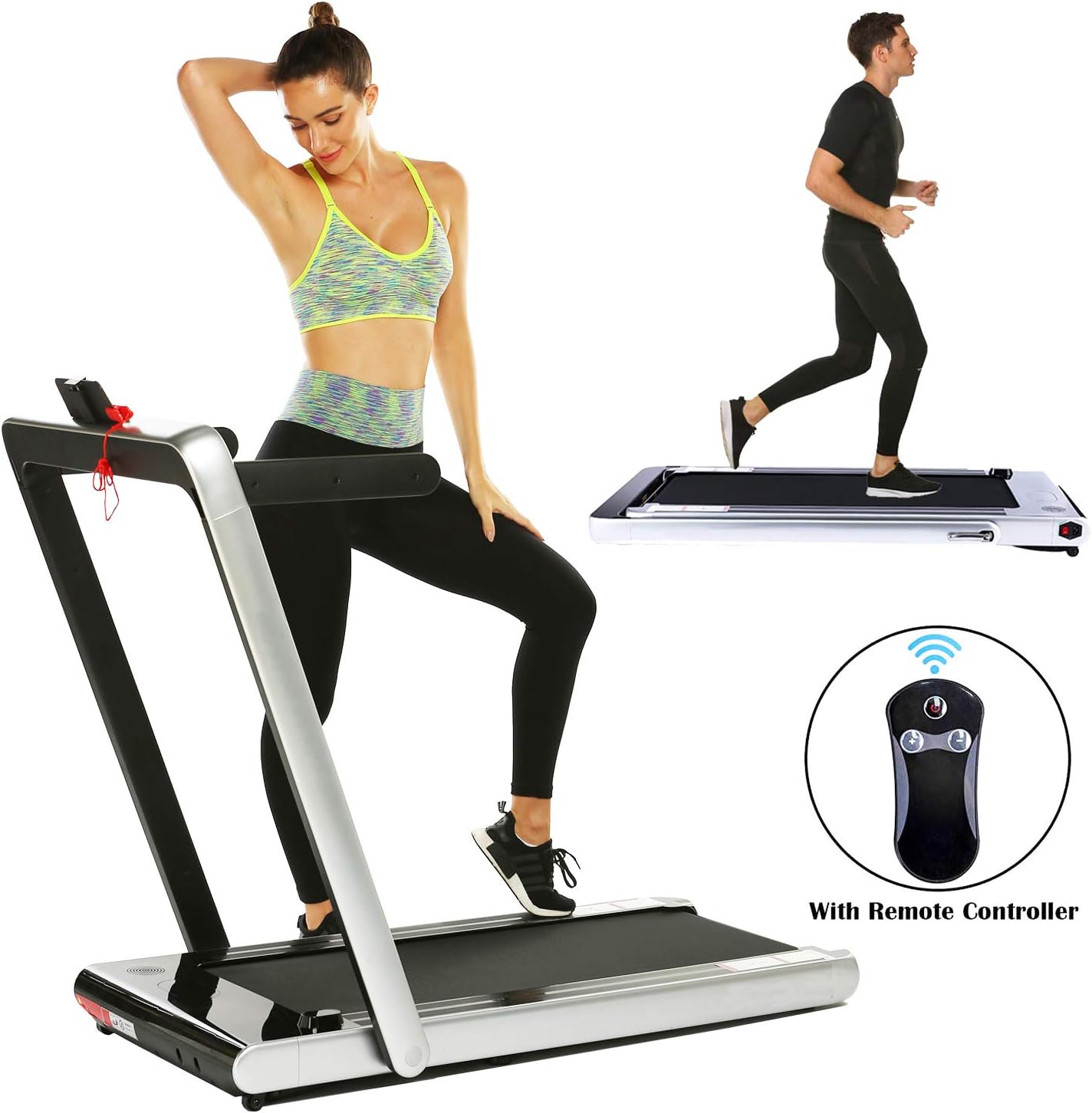 2 in 1 Under Desk Treadmill, Smart 2.25 HP Folding Electric Treadmill, Walking Running Jogging Machine with Bluetooth Audio Speakers, Fitness Trainer Equipment for Home Gym Office (Silver)