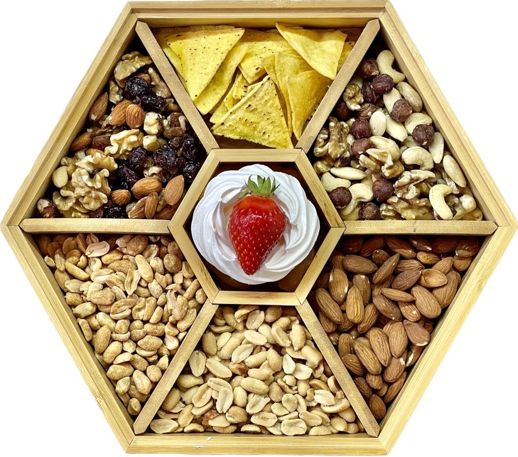 electromax Hexagon Nut Candy Serving Container, Snack Storage Box with 7 Compartments Divided Snack Plate with Lid, for Candy, Nut, Snack,