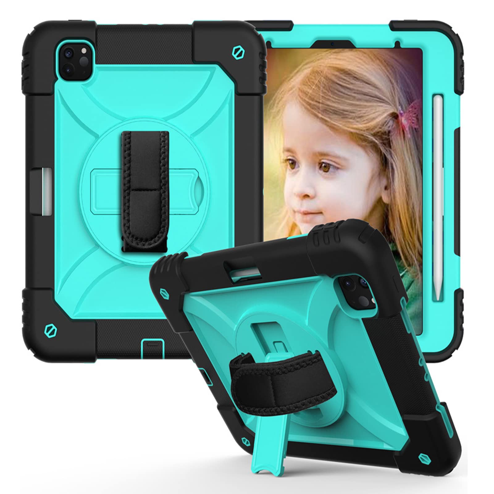 Case iPad Pro 11 Case 3rd Generation 2021/ 2nd Gen 2020 / 1st Gen 2018, with Pencil Holder 360 Rotating Hand Strap &Stand, Drop-Proof Colorful Case, black mint