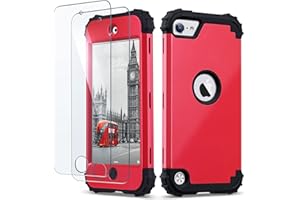 ULAK Compatible with iPod Touch 7th/6th/5th Generation Case with Screen Protector, Heavy Duty 3 Layer Hybrid Hard PC + Soft Rubber Silicone Shockproof Anti Slip Cover for iPod Touch 7/6/5 (Red)