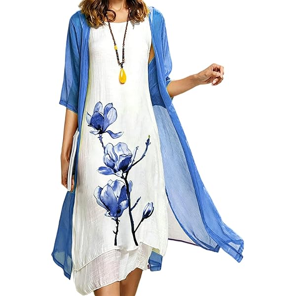 Bohemian Floral Chiffon Dresses with Jackets 2 Pieces Cardigan Sets Summer  Wedding Guest Cocktail Artistic Style Loose Dress Plus Size Sleeveless  Church Dress for Grandma Wrap Vacation Beach Dress at Amazon Women's
