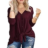 OLRIK Womens Plus Size Tops V Neck Tie Front Blouse Button Up Long Sleeve Waffle Knit Tunic T Shirts