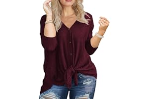 OLRIK Womens Plus Size Tops V Neck Tie Front Blouse Button Up Long Sleeve Waffle Knit Tunic T Shirts