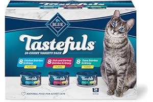 Blue Buffalo Tastefuls Flaked Wet Cat Food Variety Pack, Made with Natural Ingredients, Tuna, Chicken, Fish & Shrimp, 5.5-oz Cans (24 Count, 8 of Each)