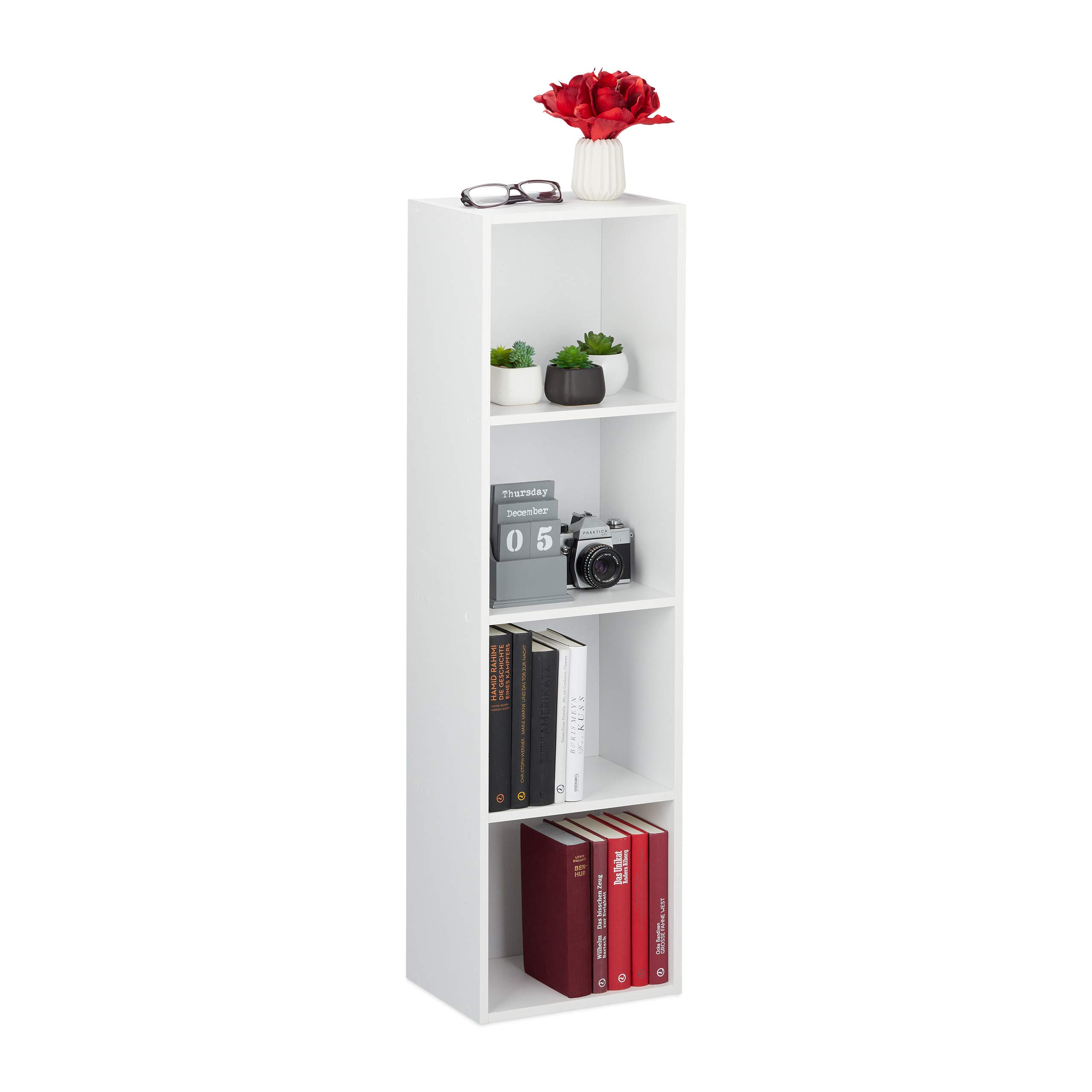 Relaxdays Bookcase, 4 Tiers, Modern Design, Standing Storage Shelf, Home & Office, PB, HxWxD: 106 x 30 x 23 cm White