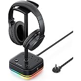TROND Headphone Stand with USB C, Desk Gaming Headset Holder with 3 AC Outlets, 2 USB-A and 1 USB-C, Headset Stand with 5 RGB Light Modes, for Gaming Desk Accessories Gamer Boyfriend Gifts
