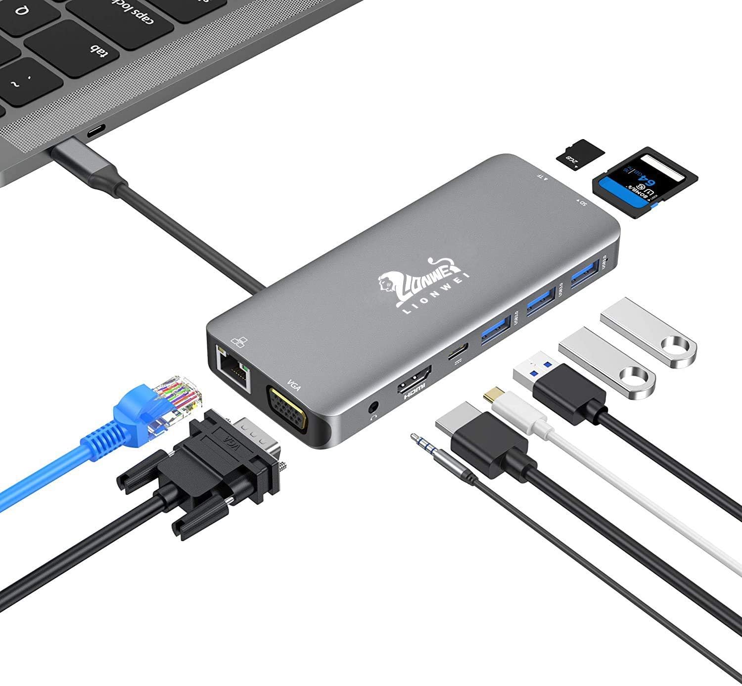 USB C Hub Multiport Adapter for MacBook Pro/Air, 10 in 1 USB C Docking Station with 4K HDMI,VGA, RJ45 Gigabit Ethernet,87W PD Charging,3 USB 3.0,SD TF Card Reader, Compatible for More Type C Devices