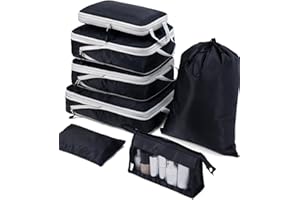 Compression packing cubes for suitcases, Meowoo luggage compression packing cubes for travel, Tear Resistant, laundry bag, sundry bag and Toiletry Bag, Black, 7pcs