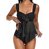 EVOCRCO Women Mesh Tankini Swimsuit Wide Straps Two Piece Bathing Suit Front Tie Swim Top with High Waisted Bottom