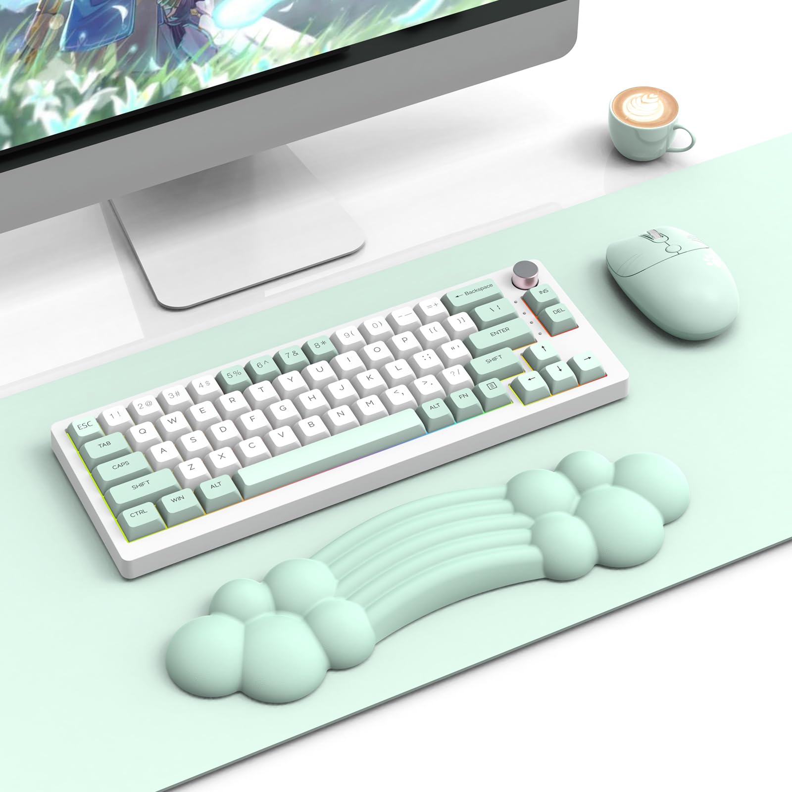 ZIYOU LANG Cloud Keyboard Wrist Rest Support, Palm Rest with Memory Foam, Anti-Slip Rubber, Comfortable Arm Rest, Ergonomic Keyboard Cushion Pad, PU Leather for Office/Home/Laptop/Mac - Light Green