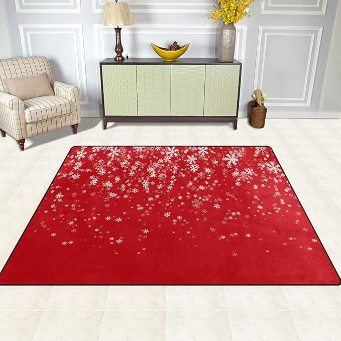Red Christmas Area Rugs 5x4, Snowflake Area Rugs for Living