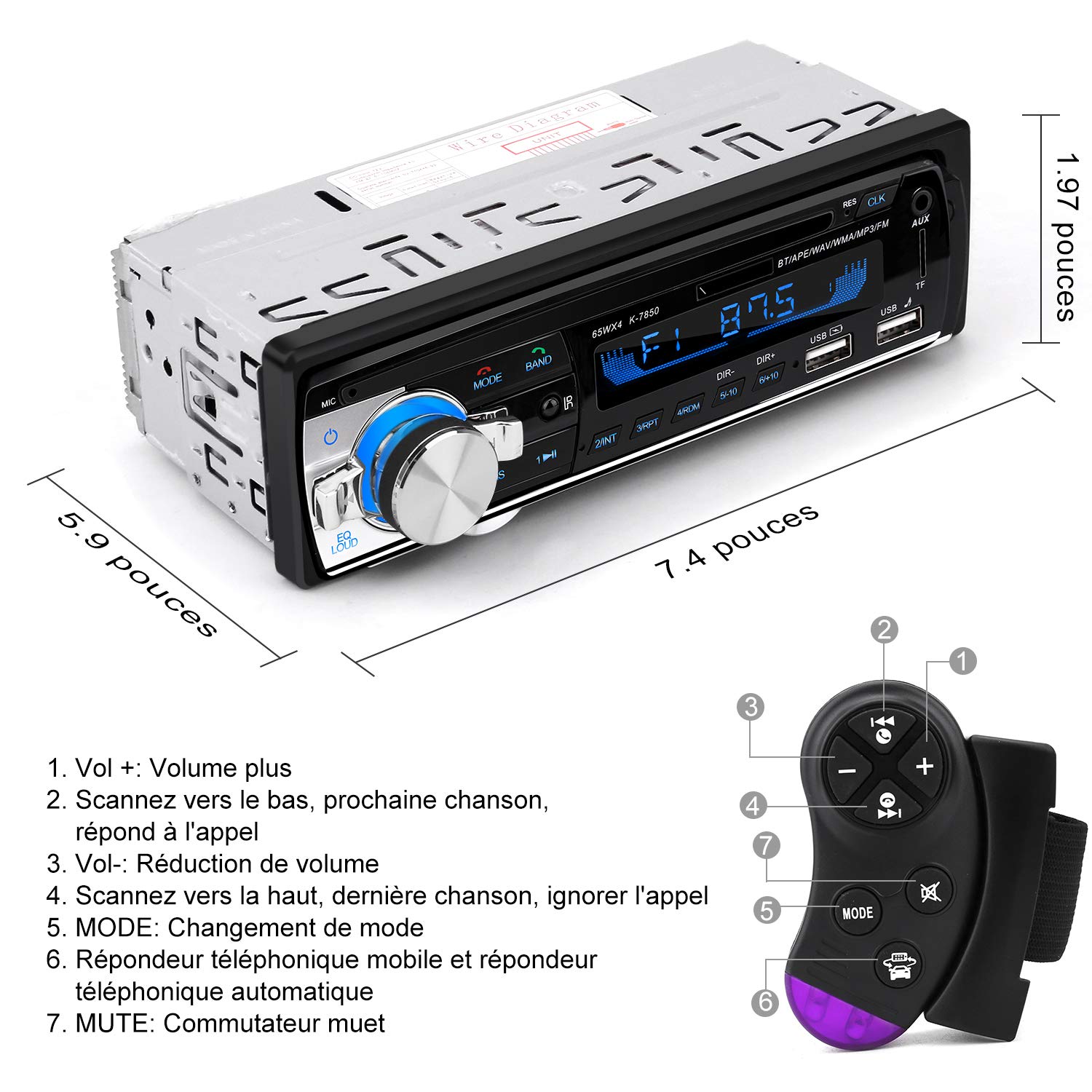 Autoradio Bluetooth, CENXINY 1 DIN Radio Voiture Récepteur avec Lecteur MP3 WMA FM Télécommande, Deux USB Port,Main Libre Stéréo 4 x 65W Soutien iOS, Android