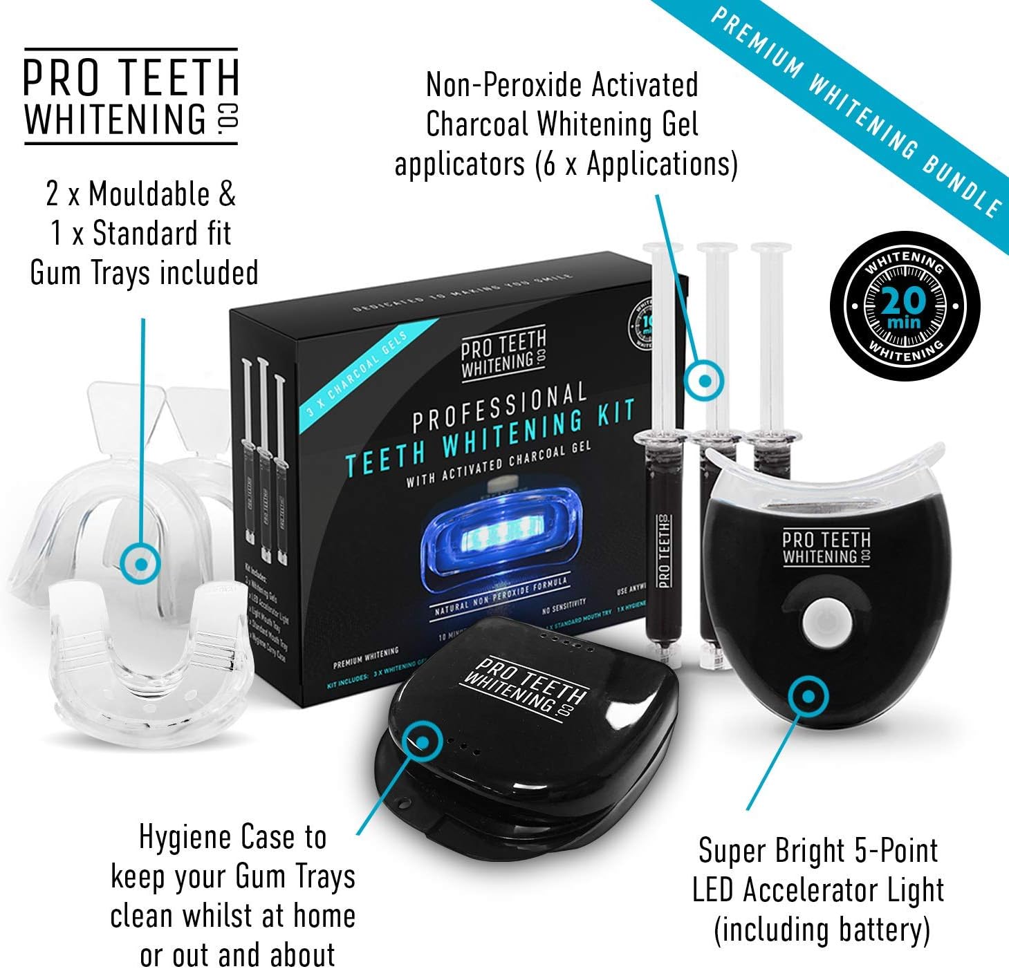 Premium Teeth Whitening Kit with Activated Charcoal Blue 5Point LED