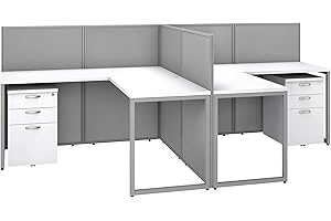 Bush Furniture Double Cubicle Desk with Filing Cabinets and Panels | Easy Office Collection 2 Person Table Workstation, 60W x 45H, Pure White