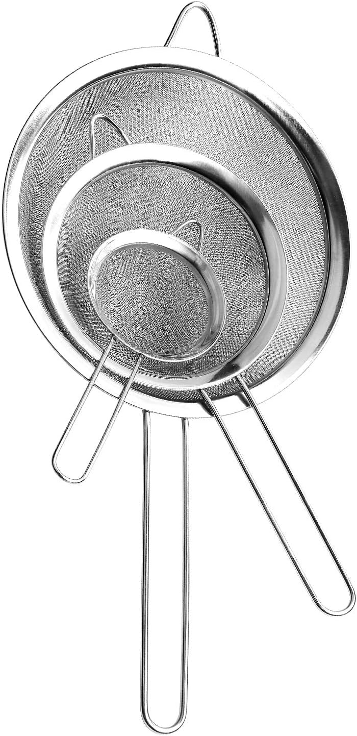 Fine Mesh Strainer, Stainless Steel Fine Mesh Sieve, Set of 3 Small Strainers Fine Mesh for Kitchen, Silver Colander Sieve Sifter with Long Handle, 3.2