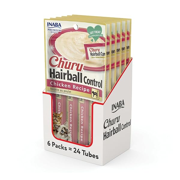 INABA CHURU HAIRBALL CONTROL, FUNCTIONAL, CREAMY LICKABLE PURÉE CAT TREAT WITH TAURINE & VITAMIN E, 0.5 OUNCES EACH, 24 TUBES (4 PER PACK), CHICKEN RECIPE