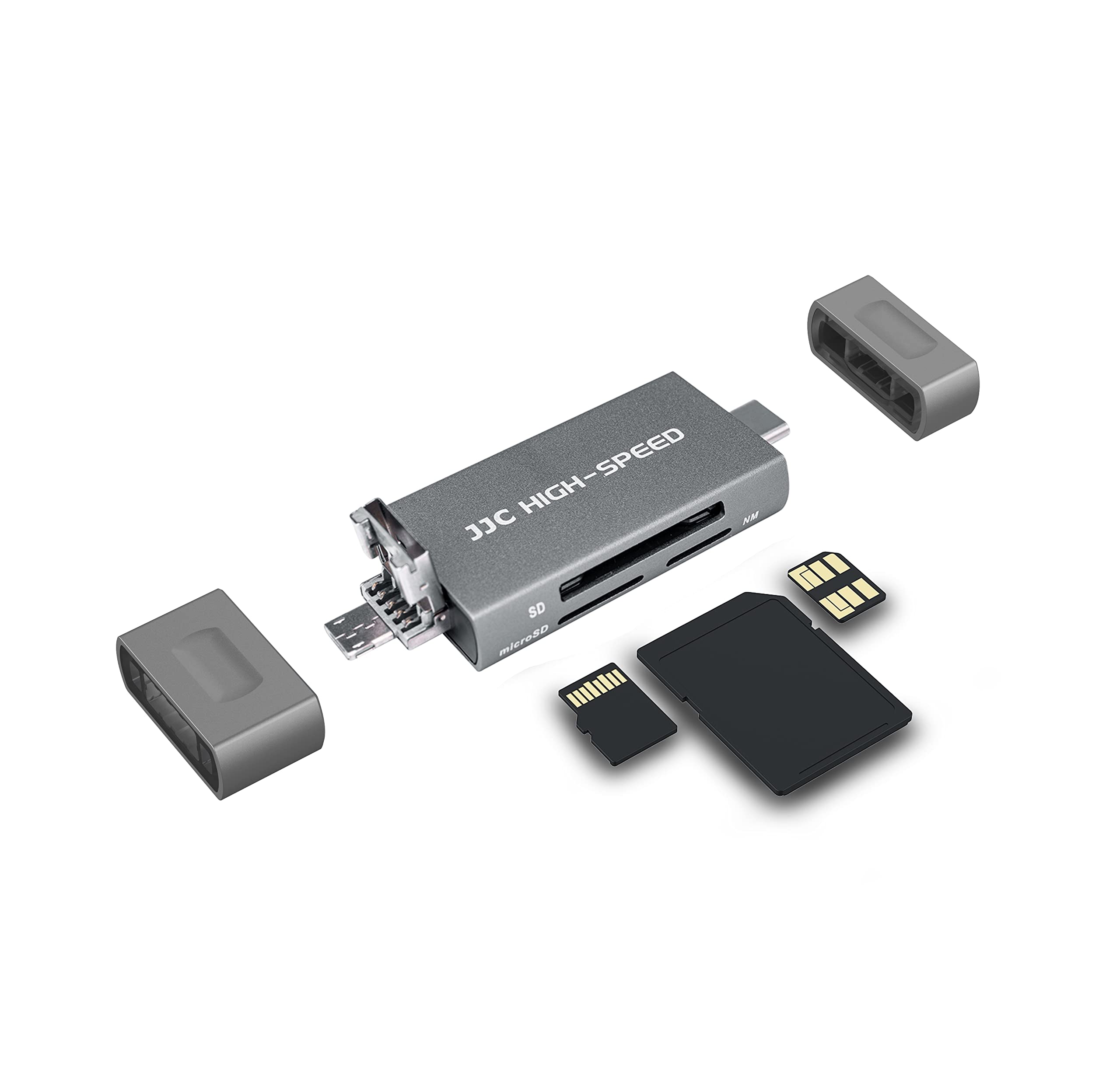 JJC USB 3.0 NM Nano Memory Card Reader with Tri-Connectors,3-in-1 USB C 3.0 SD MicroSD TF NM Easy Card Writer Adapter Compatible with i-Phone 15 HW Mate40 Mate30 P40 P30 Samsun. S24 S23 S20 (Gray)