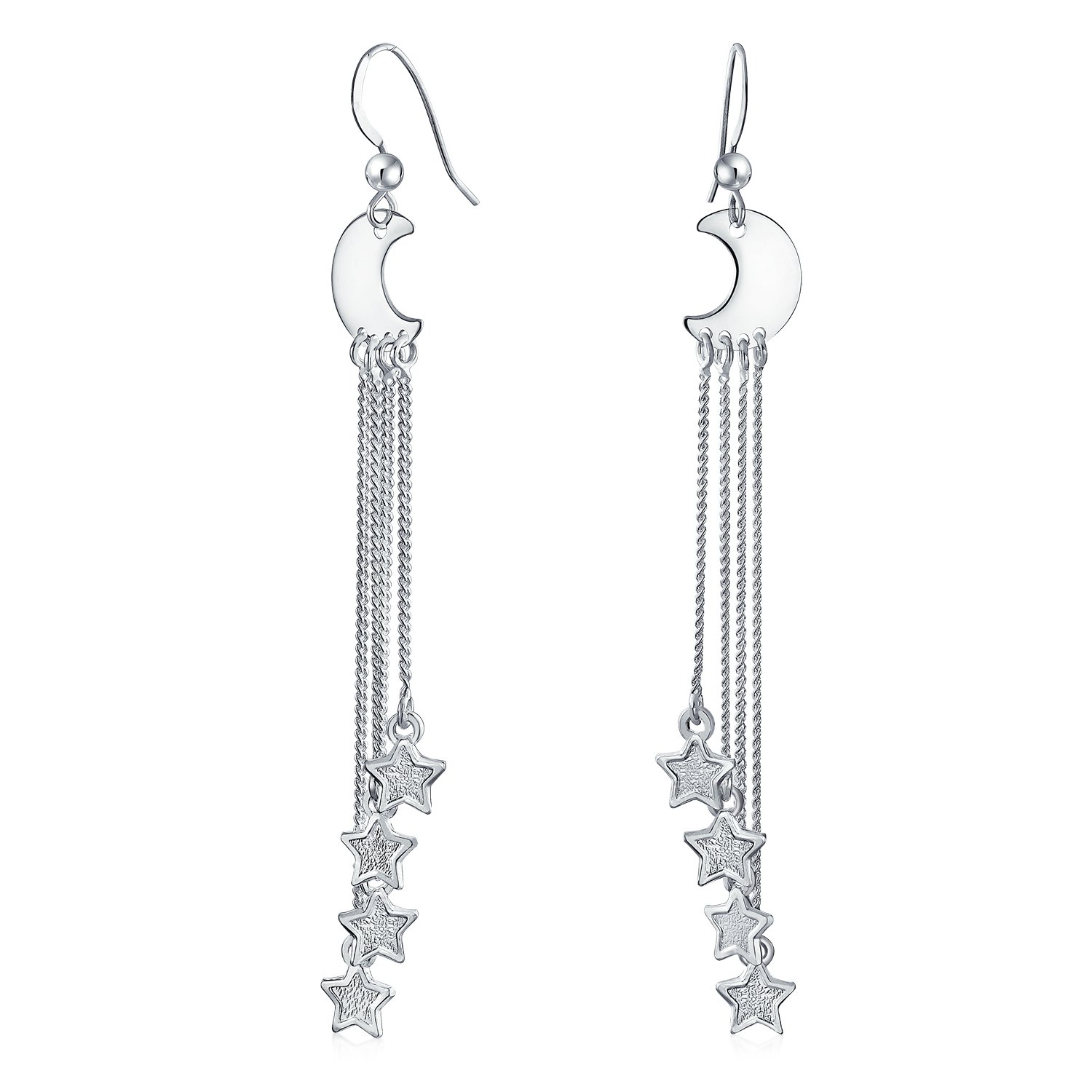 Astrology Boho Statement Celestial Crescent Moon Stars Dangle Earrings - Multi Chain Three Stars Charms Teen & Womens Jewelry .925 Sterling Silver Fish Wire